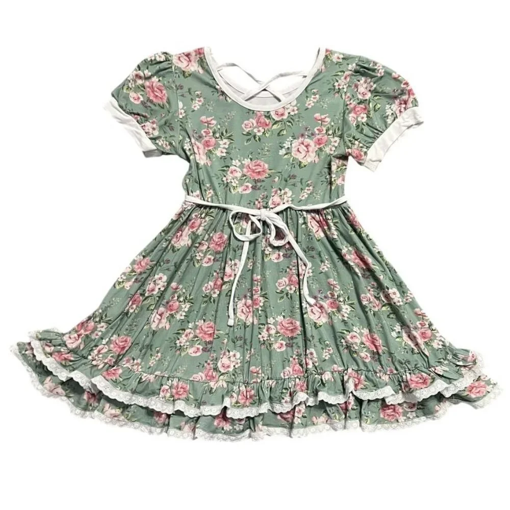 Bella & Omi 8Y Pink & Green Floral Twirl Dress